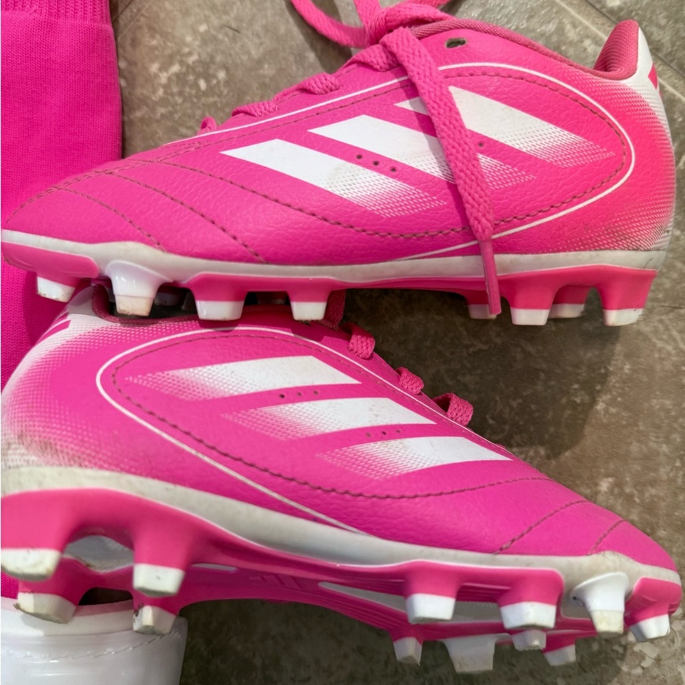 Adidas kids size 10 Hot Pink Soccer Cleats with White Stripes